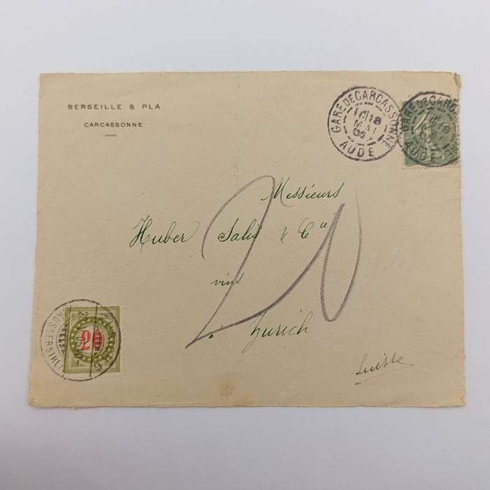 1905 letter from Gare de Carcasonne, France to Zurich, Swiss Canton with 15c French stamp cancelled