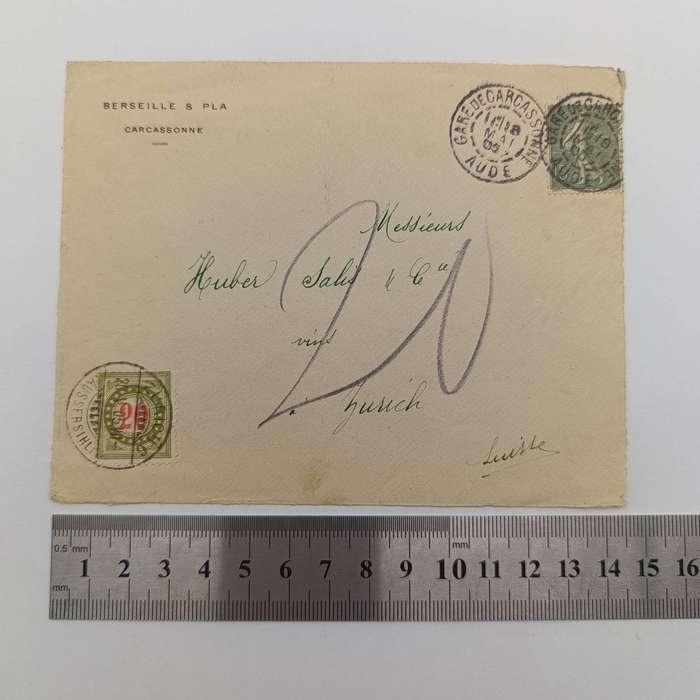 1905 letter from Gare de Carcasonne, France to Zurich, Swiss Canton with 15c French stamp cancelled