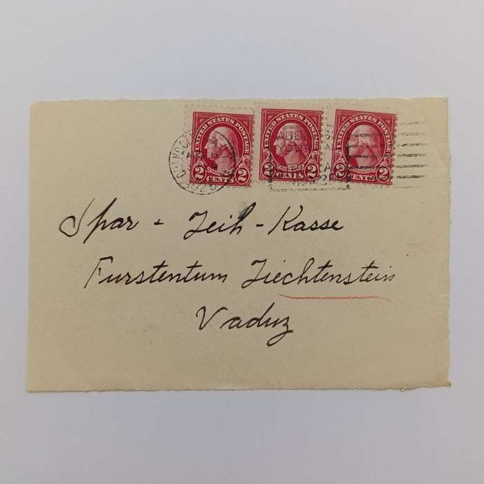 1925 USA front with 3 x 2c US stamps - sent to Liechtenstein