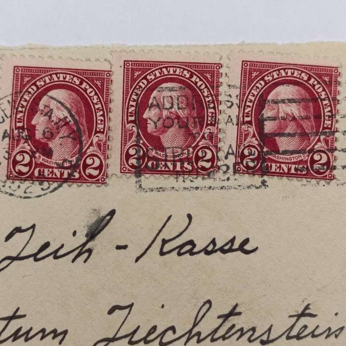 1925 USA front with 3 x 2c US stamps - sent to Liechtenstein