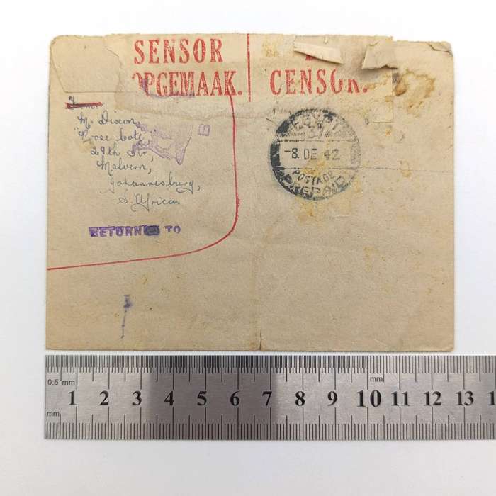 WW2  Censored letter with pre printed 3d postage posted to Sgt Dixon, 5th General Hosptal Durban