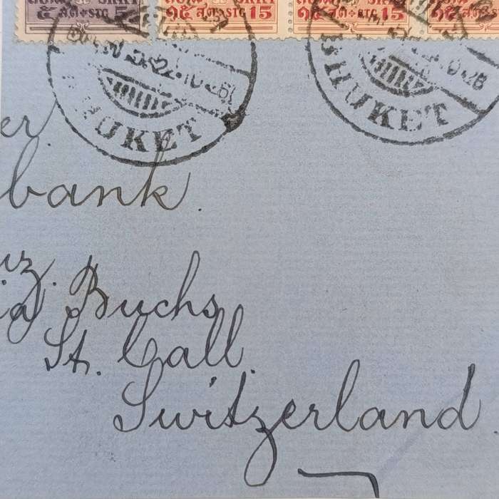 Postal front sent Bhuket Siam to Switzerland with 4 Siam stamps Appears to be 1926