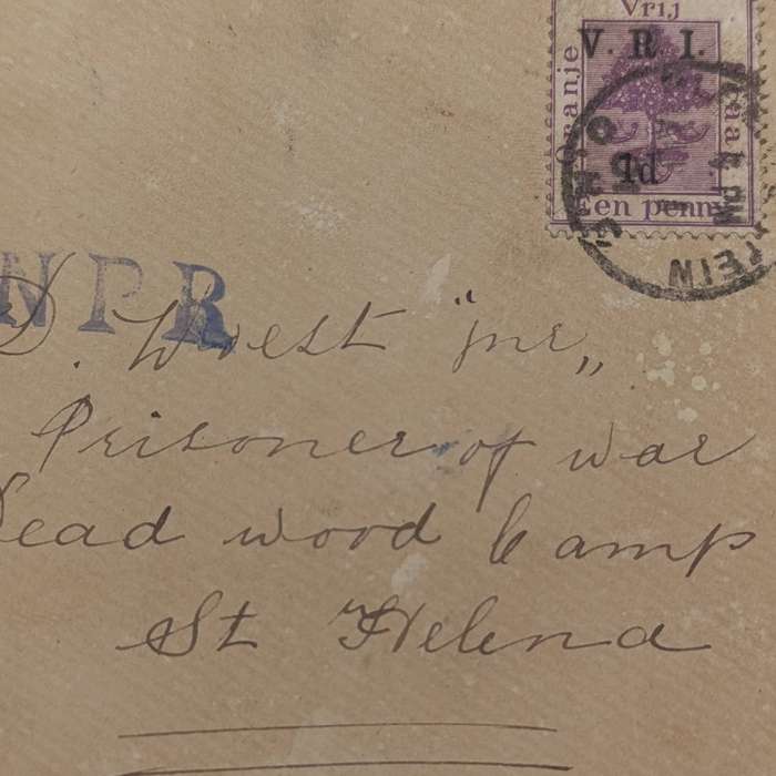 Boer War POW card stuck to paper - sent Bloemfontein to JD Woest Deadwood camp St Helena