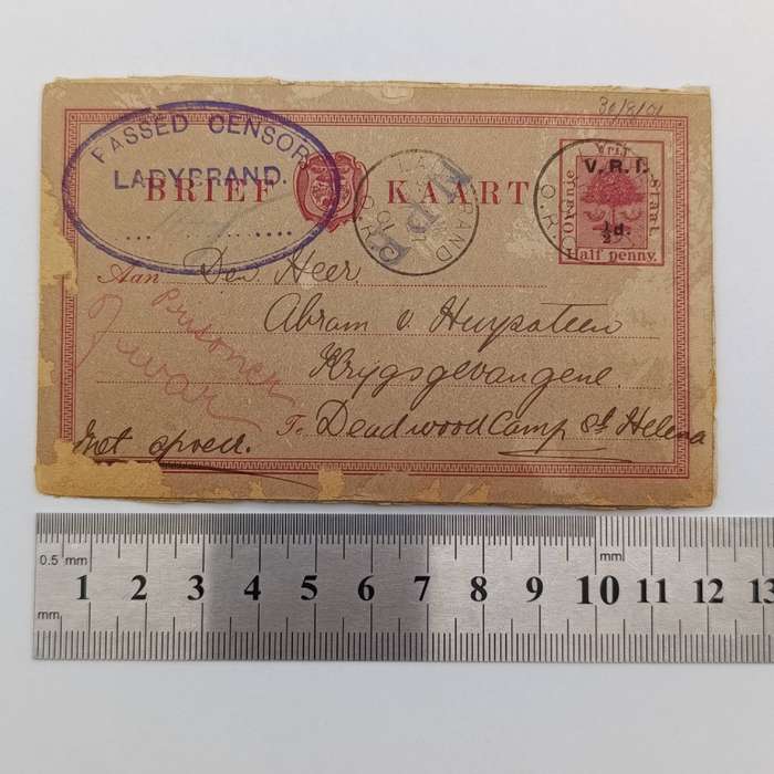 1901 Boer War POW card sent from Ladybrand to Deadwood camp St Helena - sent to Abram van Huyssteen