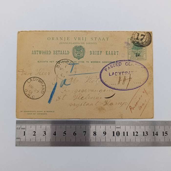 Oranje Vrij Staat Boer War POW card Ladybrand to Vrystaat Kamp St Helena - JM Victor 1901