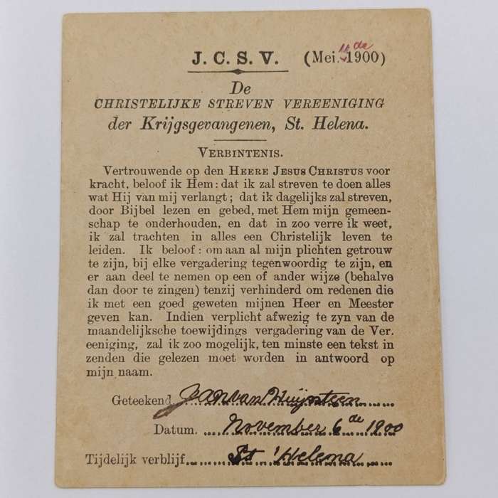 Boer War POW Christelijke Streven Vereniging der Krijsgevangenen St Helena Verbintenis Card May 1900