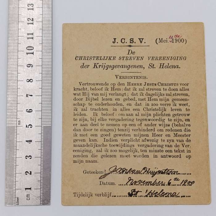 Boer War POW Christelijke Streven Vereniging der Krijsgevangenen St Helena Verbintenis Card May 1900
