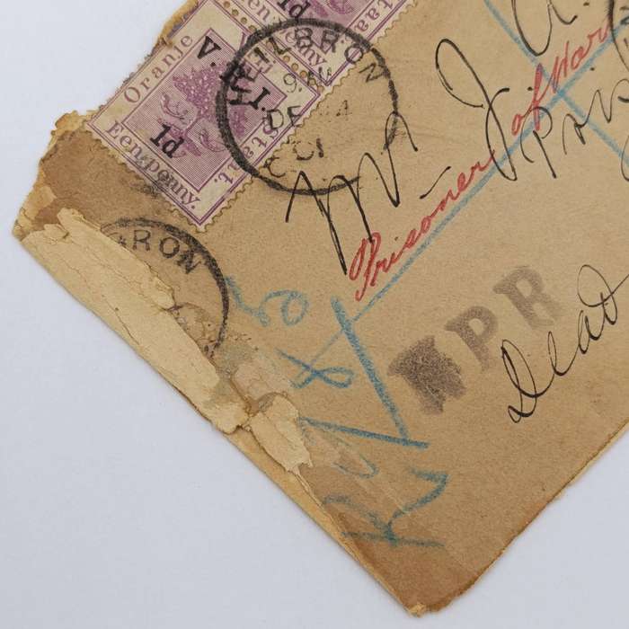Pair of Boer War POW cover fronts stuck back to back - one to JA Fraser, Deadwood Camp, St Helena