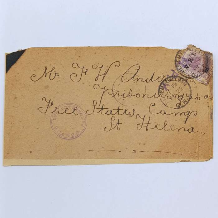 Pair of Boer War POW cover fronts stuck back to back - one to JA Fraser, Deadwood Camp, St Helena