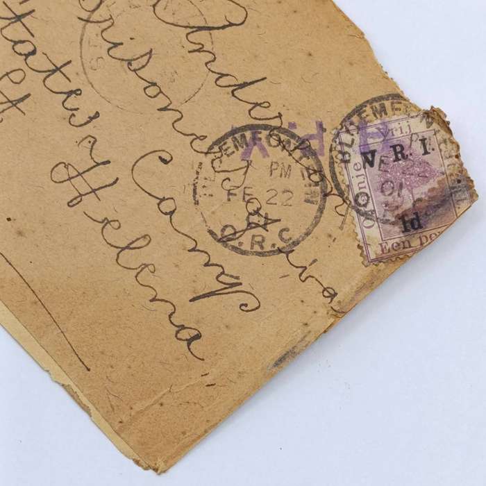 Pair of Boer War POW cover fronts stuck back to back - one to JA Fraser, Deadwood Camp, St Helena