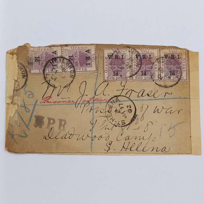 Pair of Boer War POW cover fronts stuck back to back - one to JA Fraser, Deadwood Camp, St Helena