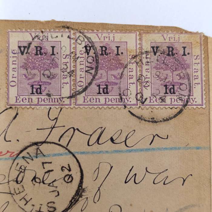 Pair of Boer War POW cover fronts stuck back to back - one to JA Fraser, Deadwood Camp, St Helena