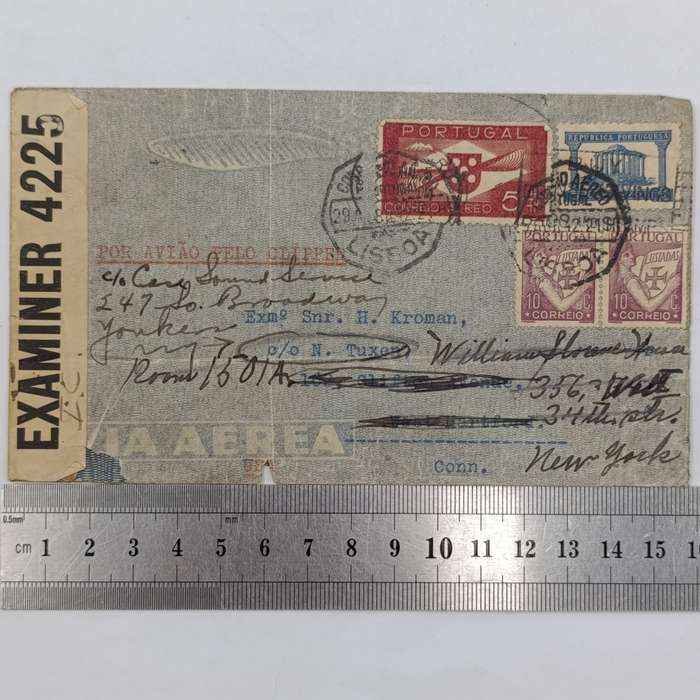WW2 Postal cover from Lisbon Portugal to Conneticut USA, Twice rerouted to New York Addresses