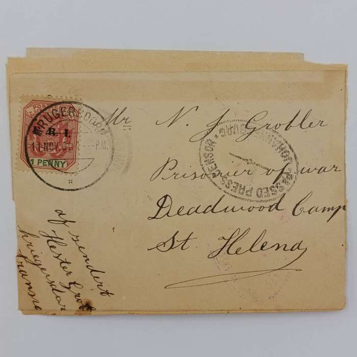 Boer War POW Front posted 1901 Krugersdorp ZAR to NJ Grobler Deadwood Camp, St Helena - at the back