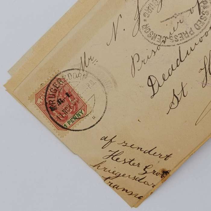 Boer War POW Front posted 1901 Krugersdorp ZAR to NJ Grobler Deadwood Camp, St Helena - at the back