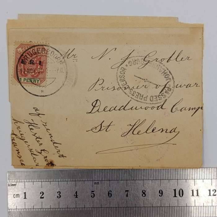 Boer War POW Front posted 1901 Krugersdorp ZAR to NJ Grobler Deadwood Camp, St Helena - at the back