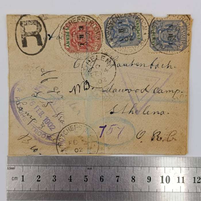 Boer War POW Front registered from Potchefstroom ZAR to CJ Rautenbach Deadwood camp St Helena 1902 p