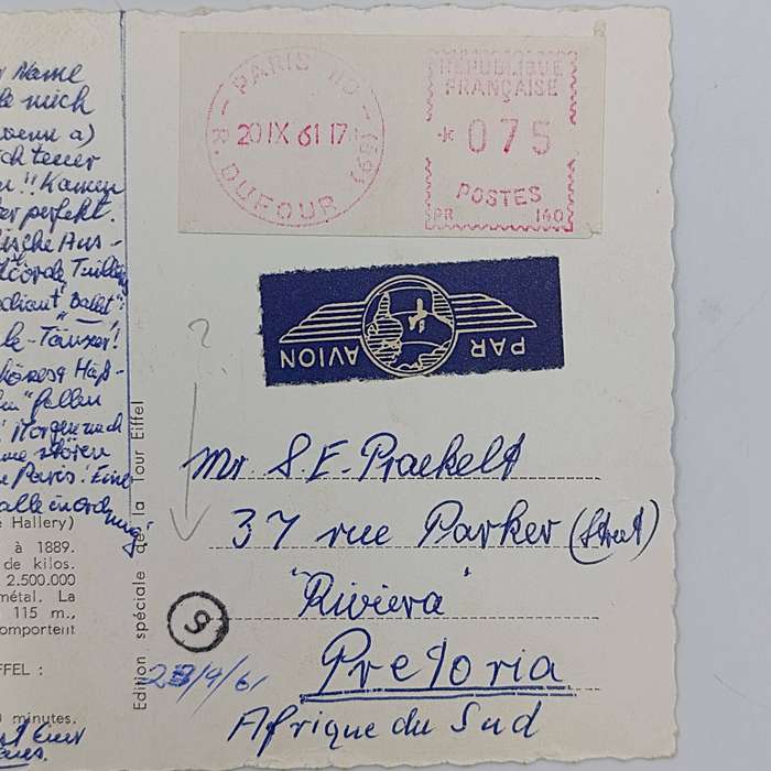 Vintage 1960 Postcard with the Eiffel Tower - Paris posted to Pretoria , South Africa - Message