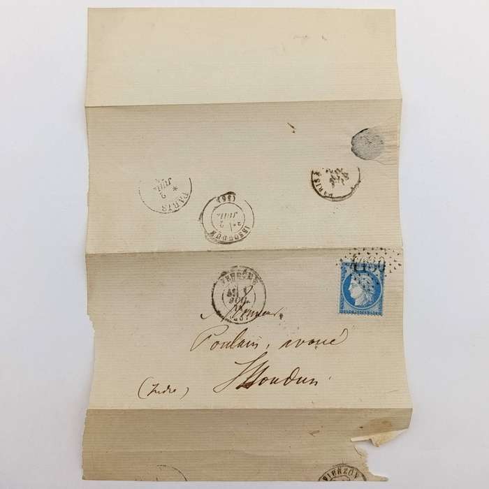 Postal History 1874 wrapper with French 25c stamp to Coulain, Ivory - received date at back is 1864