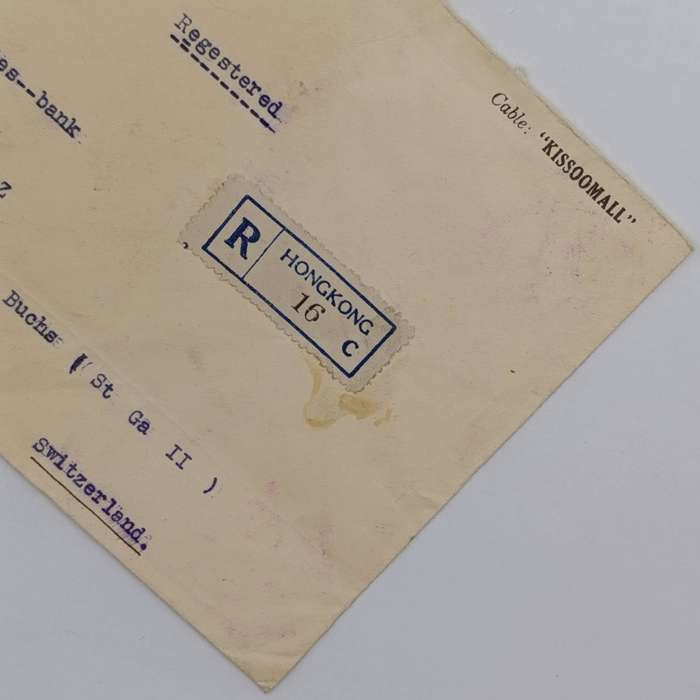 Registered letter Hong Kong to Vaduz, Switzerland with 2 x 10c Hong Kong George S stamps cancelled