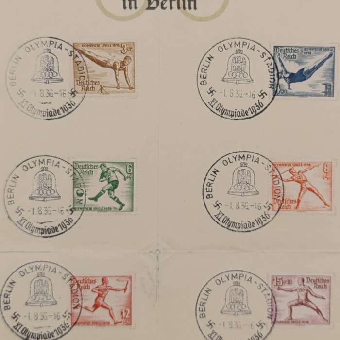 Berlin 1936 Olympic games lot of 8 stamps with cancellations on third Reich marked page
