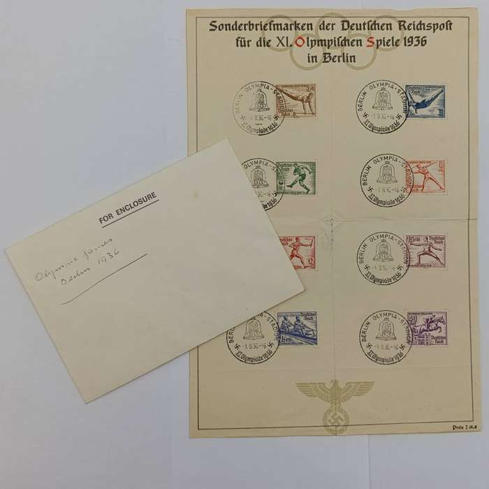 Berlin 1936 Olympic games lot of 8 stamps with cancellations on third Reich marked page