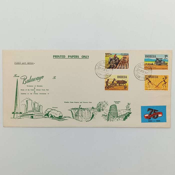 Rhodesia Bulawayo First Day Cover - world ploughing contest - with 75 years Bulawayo stamp