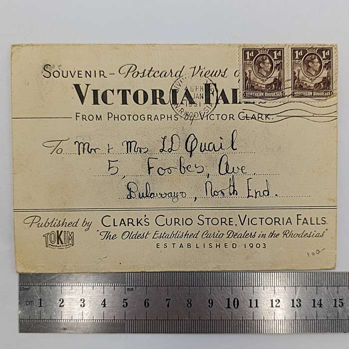 Postcard views of the Victorian Falls posted from Livingston Northern Rhodesia to Bulawayo