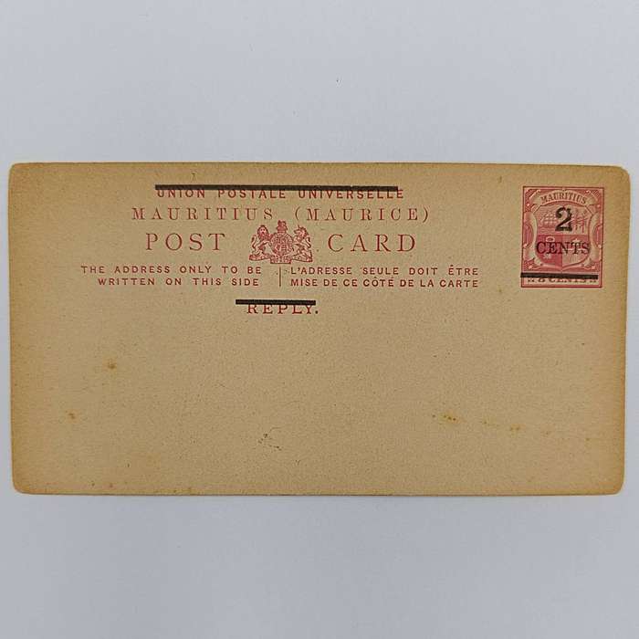 Antique Mauritius unused postcard with pre printed postage of 8 cents overstamped 2 cents
