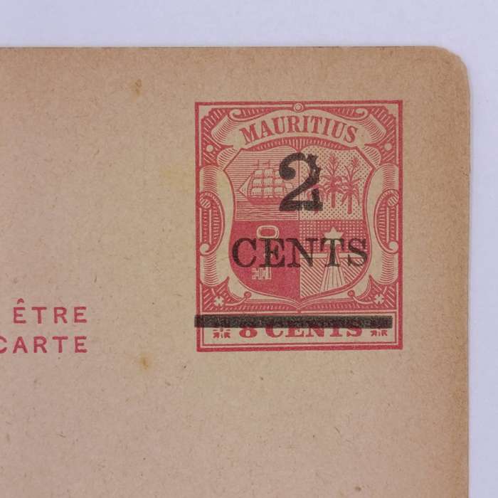 Antique Mauritius unused postcard with pre printed postage of 8 cents overstamped 2 cents