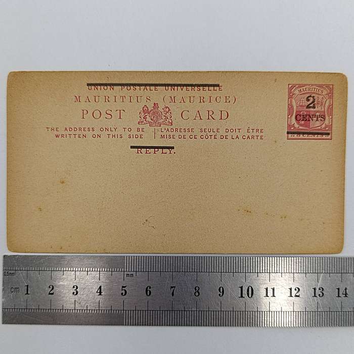 Antique Mauritius unused postcard with pre printed postage of 8 cents overstamped 2 cents