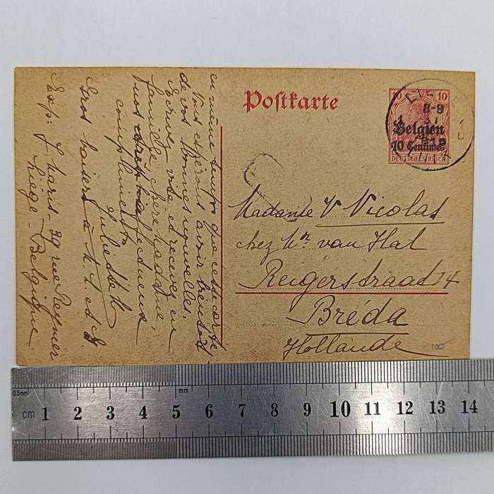 1915 WW1 period postcard Belgium to Holland with pre printed German stamp overprinted Belgium