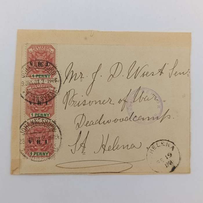 Pair of Boer War P.O.W. fronts stuck back to back - one side to Mr JD Woest Sen Deadwood Camp