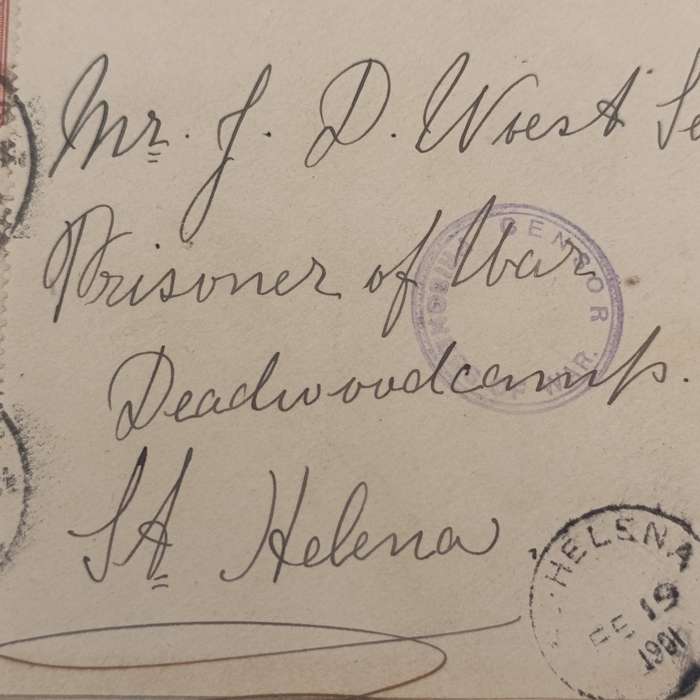 Pair of Boer War P.O.W. fronts stuck back to back - one side to Mr JD Woest Sen Deadwood Camp
