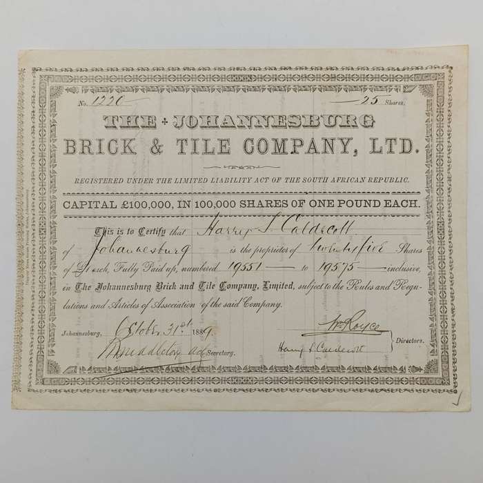 Share certificate dated 31st October 1889 for the Johannesburg Brick and Tile Company for 25 shares