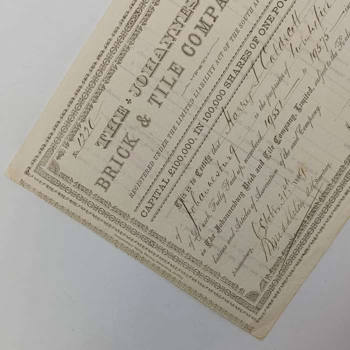 Share certificate dated 31st October 1889 for the Johannesburg Brick and Tile Company for 25 shares