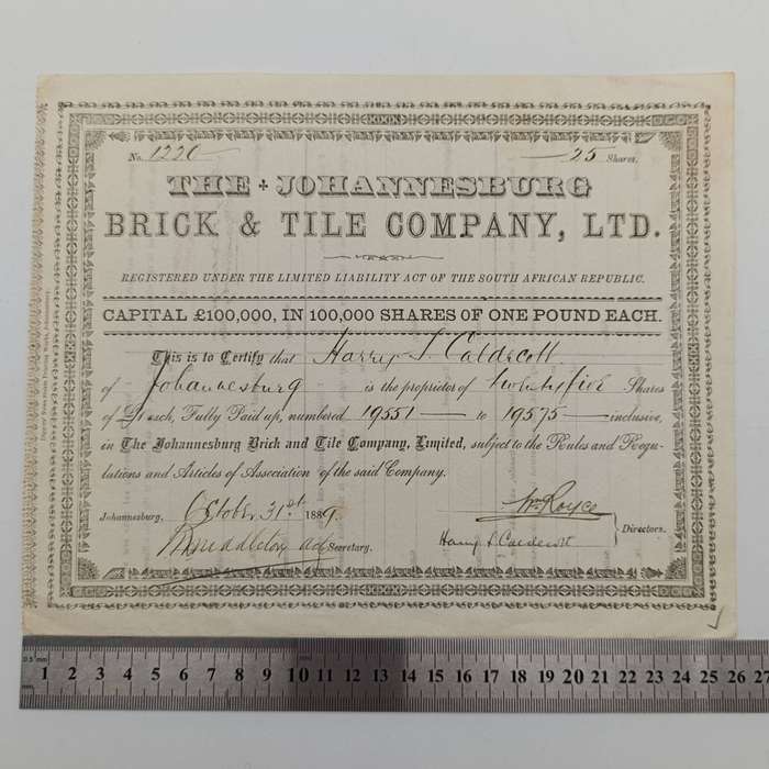 Share certificate dated 31st October 1889 for the Johannesburg Brick and Tile Company for 25 shares