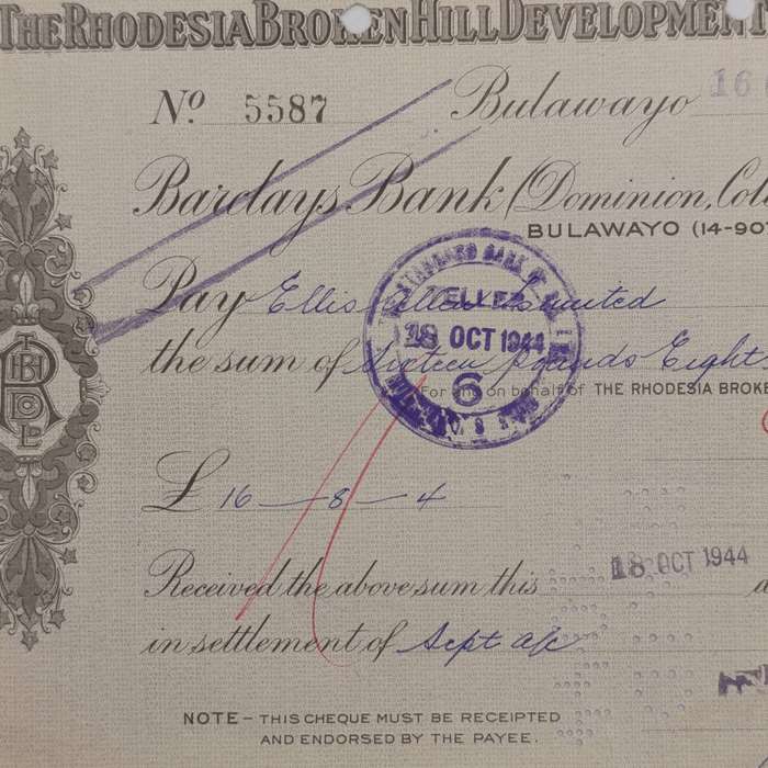 Cheque - 16 Oct 1944 - Drawn by The Rhodesia Broken Hill Development Company Ltd