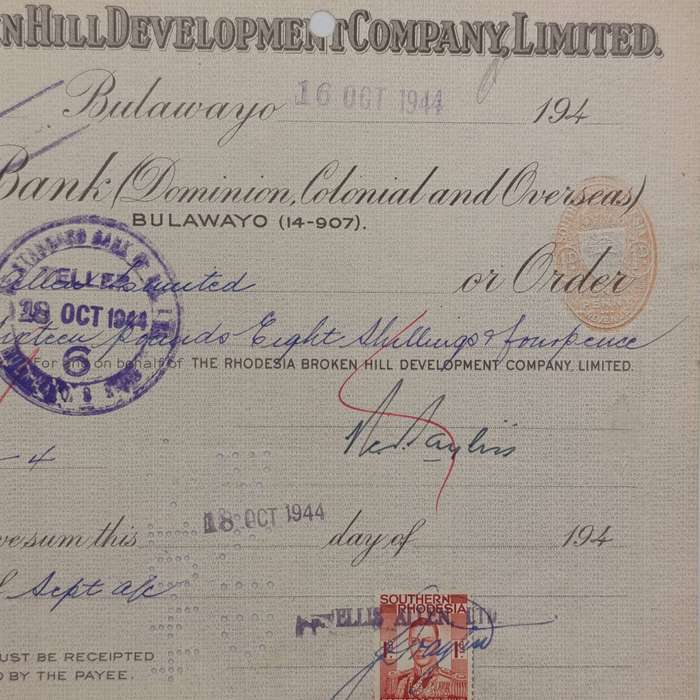 Cheque - 16 Oct 1944 - Drawn by The Rhodesia Broken Hill Development Company Ltd