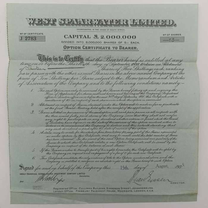 Share certificate for West Spaarwater Ltd as well as Allotment certificate August 1935