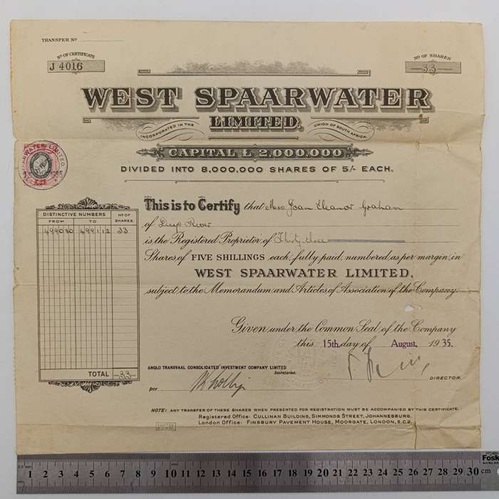 Share certificate for West Spaarwater Ltd as well as Allotment certificate August 1935