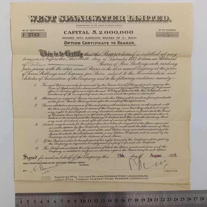 Share certificate for West Spaarwater Ltd as well as Allotment certificate August 1935