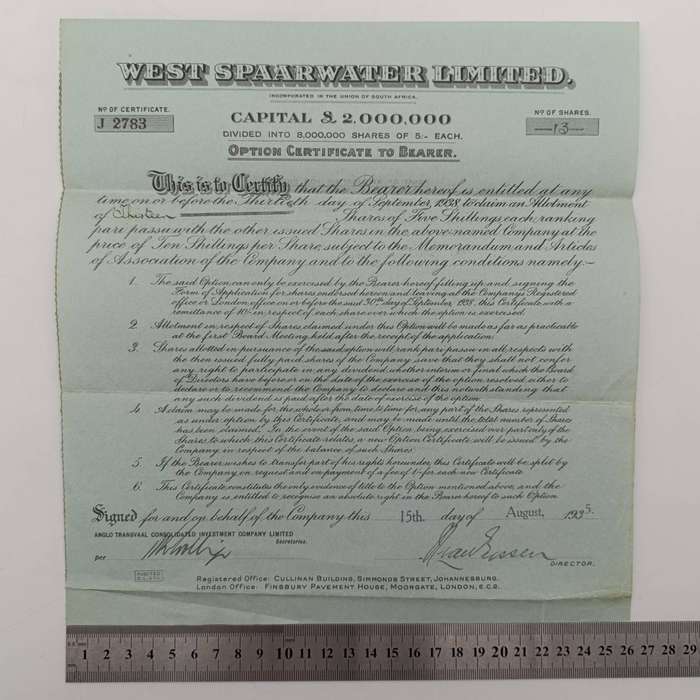 Share certificate for West Spaarwater Ltd as well as Allotment certificate August 1935