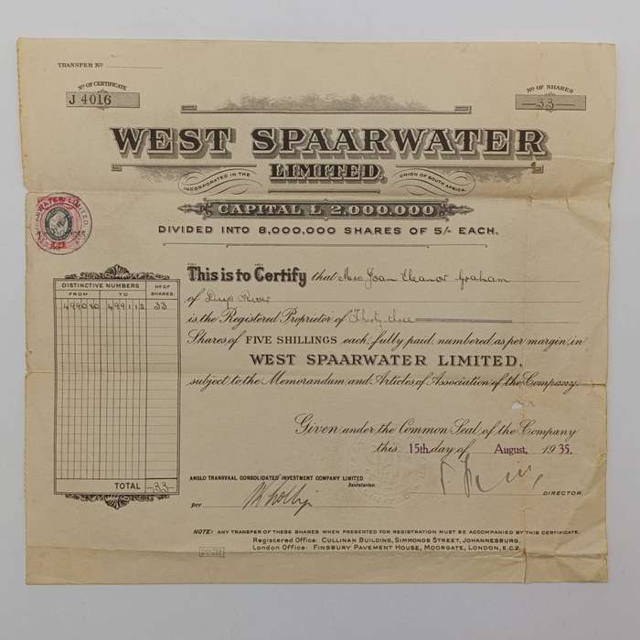 Share certificate for West Spaarwater Ltd as well as Allotment certificate August 1935