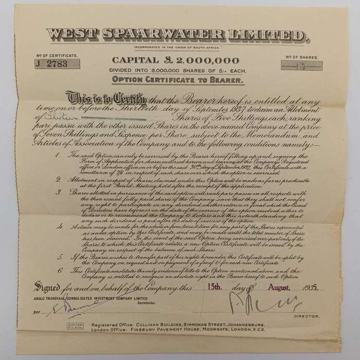 Share certificate for West Spaarwater Ltd as well as Allotment certificate August 1935