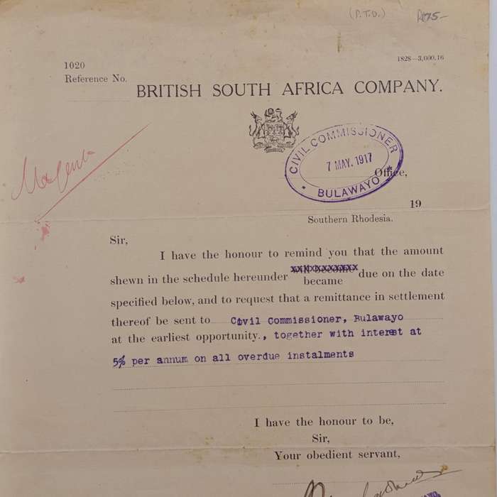 1917 BSA Company civil commissioner payment reminder signed by A.V. MacDonald