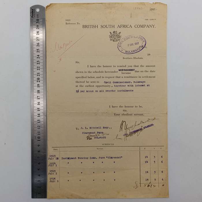 1917 BSA Company civil commissioner payment reminder signed by A.V. MacDonald