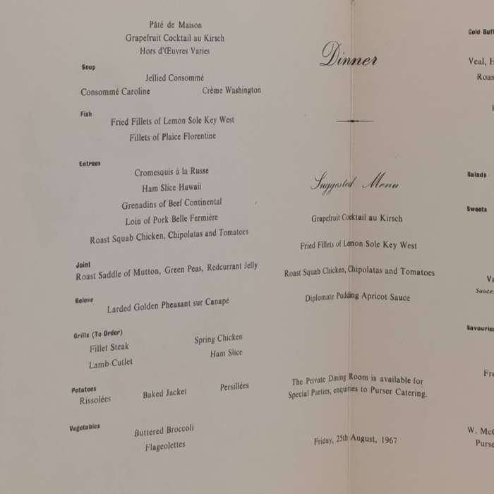 Union Castle line RMS Pendennis Castle 25 August 1967 Dinner menu