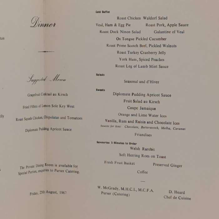 Union Castle line RMS Pendennis Castle 25 August 1967 Dinner menu