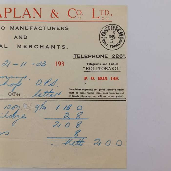 M Kaplan and 0 Tobacco Manufacturers ( Ostrich Roll Tobacco ) 1933 receipt for tobacco bought